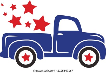 4th of July truck vector illustration isolated on white background. Fourth of July Svg cut file for shirts, apparel, cards. Patriotic truck with stars svg