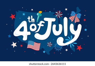 4th of July Typographic vector illustration. Cute cartoon elements on  Map of USA	