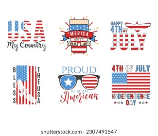 4th of July typography 6 designs set with quotes and elements - hot dog, flags. US Independence Day cliparts. Fourth of July calligraphy, lettering compositions. Vector emblems for t-shirt