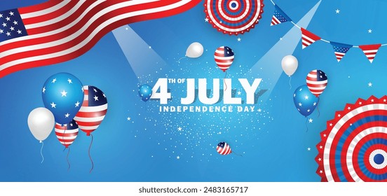 4th July Typography design banner design. USA Happy Independence Day 4th July abstract background design with a ballon, flag, star, paper fan, and blue gradient color background