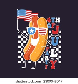 4th of July typography design with quote - 4th of July party and hot dog with flag. US Independence Day clipart. Fourth of July calligraphy, lettering composition. Vector emblem for t-shirt