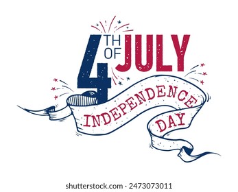 Diseño tipográfico del 4 de julio, Día de la Independencia de Estados Unidos, cinta dibujada a mano vintage. Fondo blanco aislado.