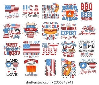 4th of July typography designs set with quotes and elements - hot dog, flags. US Independence Day cliparts. Fourth of July calligraphy, lettering compositions. Vector emblems for t-shirt isolated