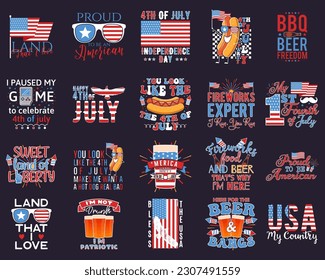 4th of July typography designs set with quotes and elements - hot dog, flags. US Independence Day cliparts. Fourth of July calligraphy, lettering compositions. Vector emblems for t-shirt