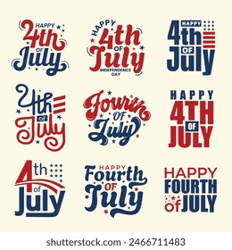 4th of July typography designs set with stars and American flag. Red and blue color text for Fourth of July holiday celebration. US Independence Day clip-arts for print. Happy Fourth of July logo