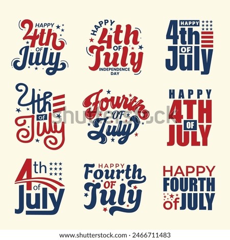 4th of July typography designs set with stars and American flag. Red and blue color text for Fourth of July holiday celebration. US Independence Day clip-arts for print. Happy Fourth of July logo