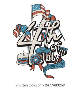 4th of july typography in red and blue design with celebrating icons in hand drawn for us independence day