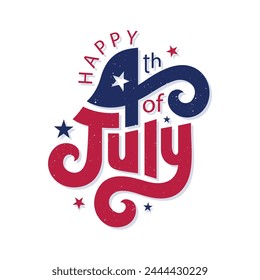 4th of July typography sticker. Happy 4th of July custom hand lettering vector illustration with stars and American flag red and blue color. Greeting card to celebrate Independence day of America
