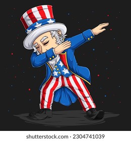 4th of July Uncle Sam character doing dabbing dance for American independence day, Veterans day and memorial day