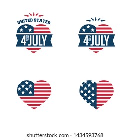 4th of July. United Stated independence day greeting typographic heart shape label design. Vector illustrative set for badges, tags, greeting cards, banners, background. Fourth of July in USA emblems.