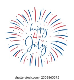 4th of July, United Stated Independence day text Banner with fireworks. American national holiday. Hand drawn lettering typography design. Vector poster.