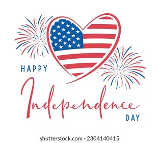 4th of July, United Stated Independence day text Banner with USA Flag in heart shape and fireworks. American national holiday. Hand drawn lettering typography design. Vector poster.