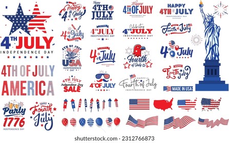 4th of July, United Stated independence Day greeting. Fourth of July typographic design. Usable for greeting cards, banners, and backgrounds.