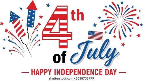4th of July, United Stated independence day. Template design for poster, banner, postcard, flyer, greeting card. American national day. Vector illustration with star background, fireworks and USA flag