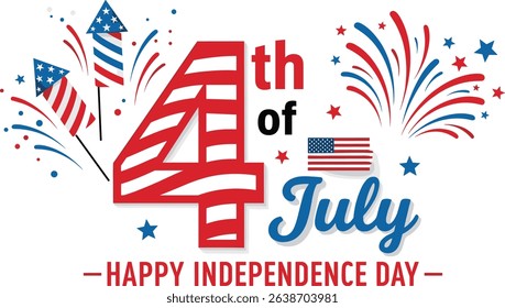 4th of July, United Stated independence day. Template design for poster, banner, postcard, flyer, greeting card. American national day. Vector illustration with star background, fireworks and USA flag