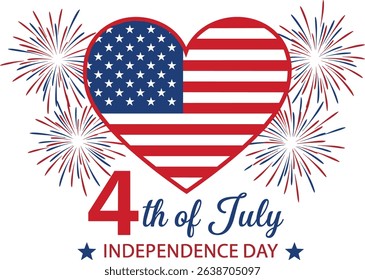 4th of July, United Stated Independence day text Banner with USA Flag in heart shape and fireworks. American national holiday. Hand drawn lettering typography design.
