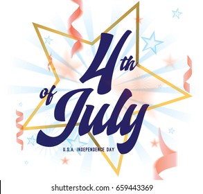 4th of July, United Stated independence day greeting. Fourth of July design with text. Usable as greeting card, banner, background.