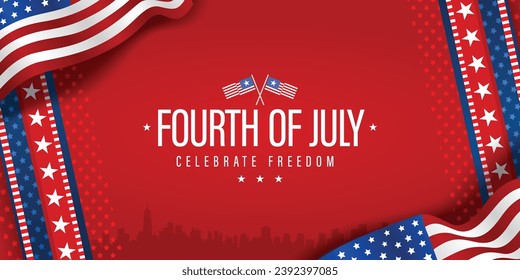 4th of July united states of America Independence Day banner background template with usa waving flag, and American ribbon on red background. Vector illustration.