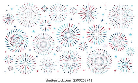 4th of July United States of America Independence Day background with red and blue fireworks and confetti. Isolated objects on a white background. Vector illustration.