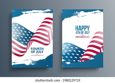 4th of July, United States Happy Independence Day celebrate cards set with waving american national flag and brush strokes. Fourth of July holiday. Vector illustration.