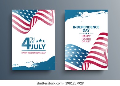 4th of July, United States Happy Independence Day celebrate posters set with waving american national flag and brush strokes. Fourth of July holiday. Vector illustration.