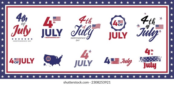 4th of July. United States Independence Day design. USA country American federal patriotic holiday design collection with 10 different concepts for greeting cards or banners.