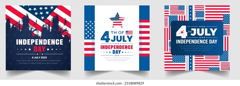 4th of July United States Independence Day celebration promotion advertising social media post banner, sticker, background, poster, card design set. Independence day USA festive decoration. usa flag