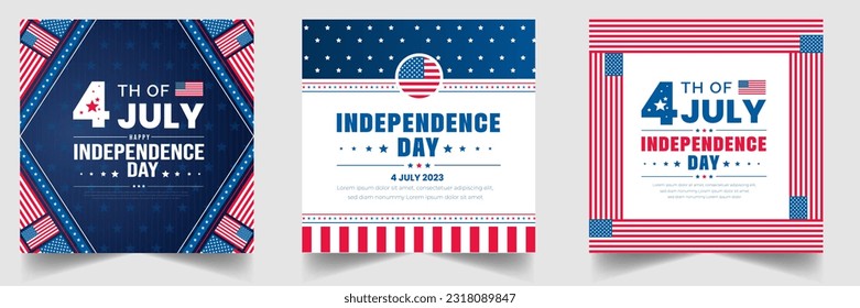 4th of July United States Independence Day celebration promotion advertising social media post banner, sticker, background, poster, card design set. Independence day USA festive decoration. usa flag