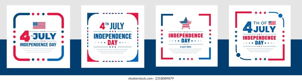 4th of July United States Independence Day celebration promotion advertising social media post banner, sticker, background, poster, card design set. Independence day USA festive decoration. USA flag