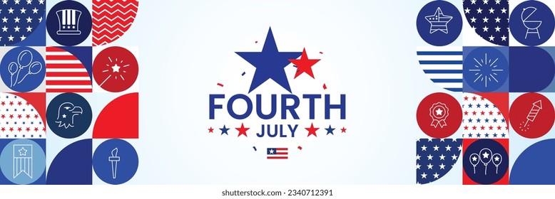 4th of July, the United States independence day banner template with us related icons and stars. Vector illustration.