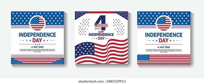 4th of July United States Independence Day celebration promotion advertising social media post square banner design set vector. Usable for social media post, card, banner, and web