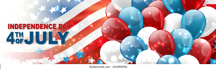 4th of July United States national Independence Day celebration banner with blue, red, and white balloons, confetti, stars, and American flag design concept. Vector illustration.