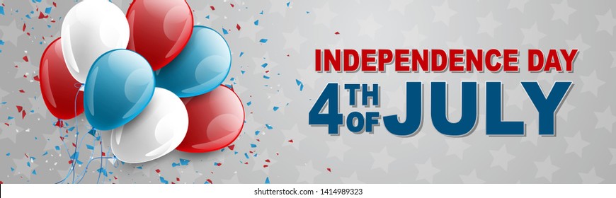 4th of July United States national Independence Day celebration banner with blue, red, and white balloons for a website header or advertisement print with typography. Vector illustration.