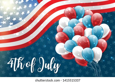 4th of July United States national Independence Day celebration glowing background with American flag and balloons. Party concept. Vector illustration.