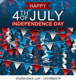 4th of July United States national Independence Day celebration  background with American flag, confetti, and falling paper. Party concept. Vector illustration.