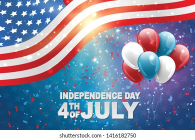 4th of July United States national Independence Day celebration background with American flag, confetti, and balloons. Party concept. Vector illustration.