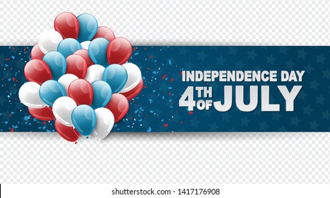 4th of July United States national Independence Day celebration banner on a transparent background with blue, red, and white balloons for a website header or advertisement print.