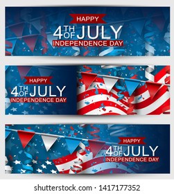 4th of July United States national Independence Day celebration banner set with blue, red, and white confetti for a website header or advertisement