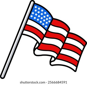 4th of July United States Waving Flag in Pole Vector Illustration