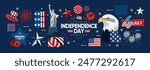 4th of July. US Independence Day. Vector illustration of American flag, star, objects, Statue of Liberty, symbol, eagle,sign, ribbon icon for greeting card, poster, banner, background or invitation.  