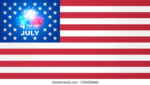 Juli. Unabhängigkeitstag der USA. Feiern in den USA. Patriotisches Urlaubsdesign. Feuerwerke mit einer Einladung Inschrift in der Mitte des blauen Teils der amerikanischen Flagge mit Sternen. Vektorgrafik