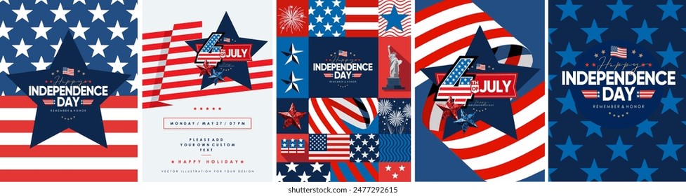 4th of July. US Independence Day. Vector illustration of American flag, star, objects, Statue of Liberty, symbol, sign, ribbon icon for greeting card, poster, banner, background or invitation.  