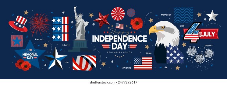 4th of July. US Independence Day. Vector illustration of American flag, star, objects, Statue of Liberty, symbol, eagle,sign, ribbon icon for greeting card, poster, banner, background or invitation.  