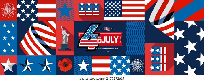 4th of July. US Independence Day. Vector illustration of American flag, star, objects, Statue of Liberty, symbol, sign, ribbon icon for greeting card, poster, banner, background or invitation.  