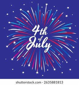 4th of july us independence day. Fourth of July national holiday of the usa. Happy independence day greeting card, banner. Blue background, fireworks as american flag. Vector illustration