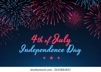 4th of july us independence day. Happy independence day greeting card, banner. Fourth of July national holiday of the usa. Starry sky background, fireworks as american flag. Vector illustration