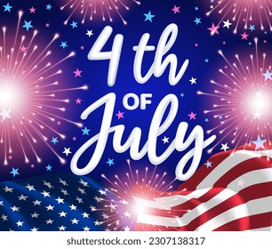 4th of July - US National Holiday. Happy Independence Day. United States Celebration. Invitation template with white text and waving us flag on firework background. Web banner. Vector illustration