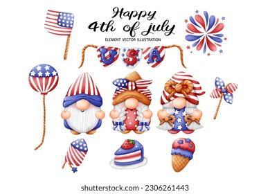 4th of July USA. America Gnome cake ice cream sign balloon fireworks flag Watercolor Vector File ,Clipart cartoon vintage-Retro style for Independence day banner, poster, card, t shirt, sticker