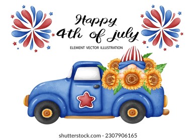 4 de julio EE.UU. America Gnome Camión Camión Camión Camión Camión Camión de Girasol Archivo Vector de Agua ang PNG. ,Animación de Clipart estilo vintage-Retro para banner del día de la Independencia, afiche, tarjeta, camiseta, pegatina