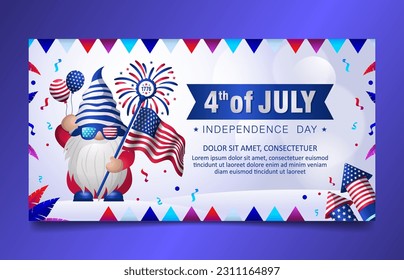 4th Of July USA American Flag Gnome With Sunglasses,  social media cover or banner design